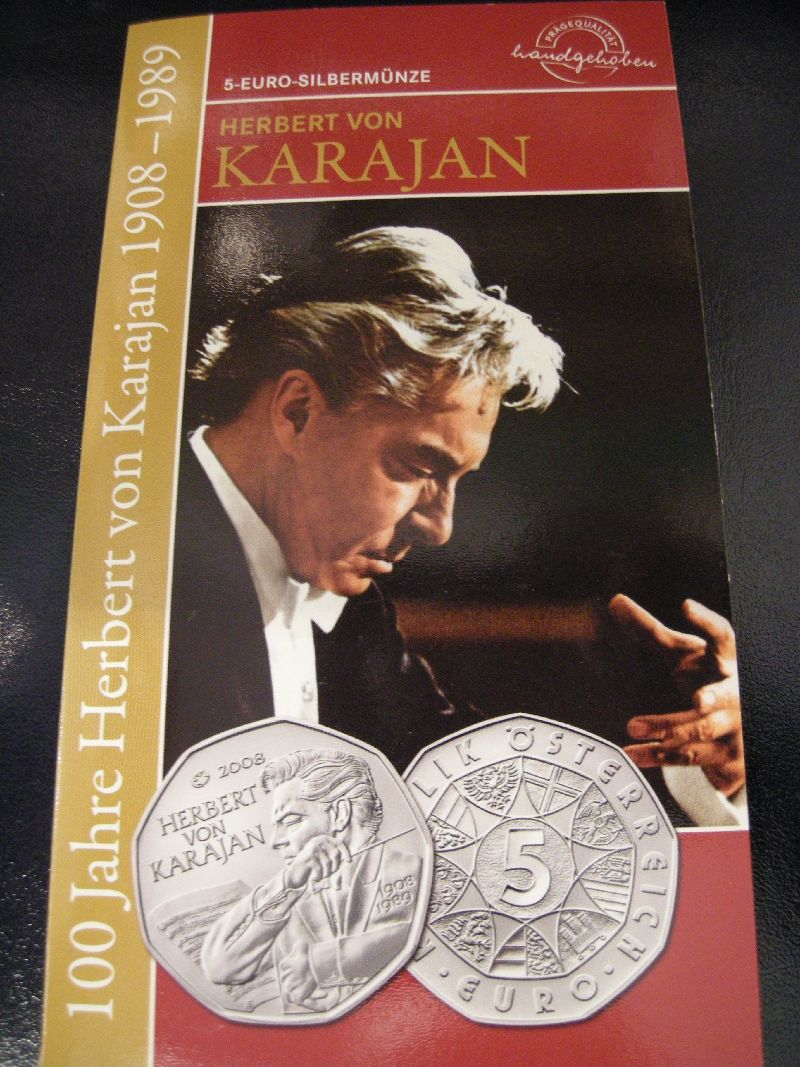 (afbeelding voor) 5 Euromunt Oostenrijk 2008 Karajan FDC in Blister